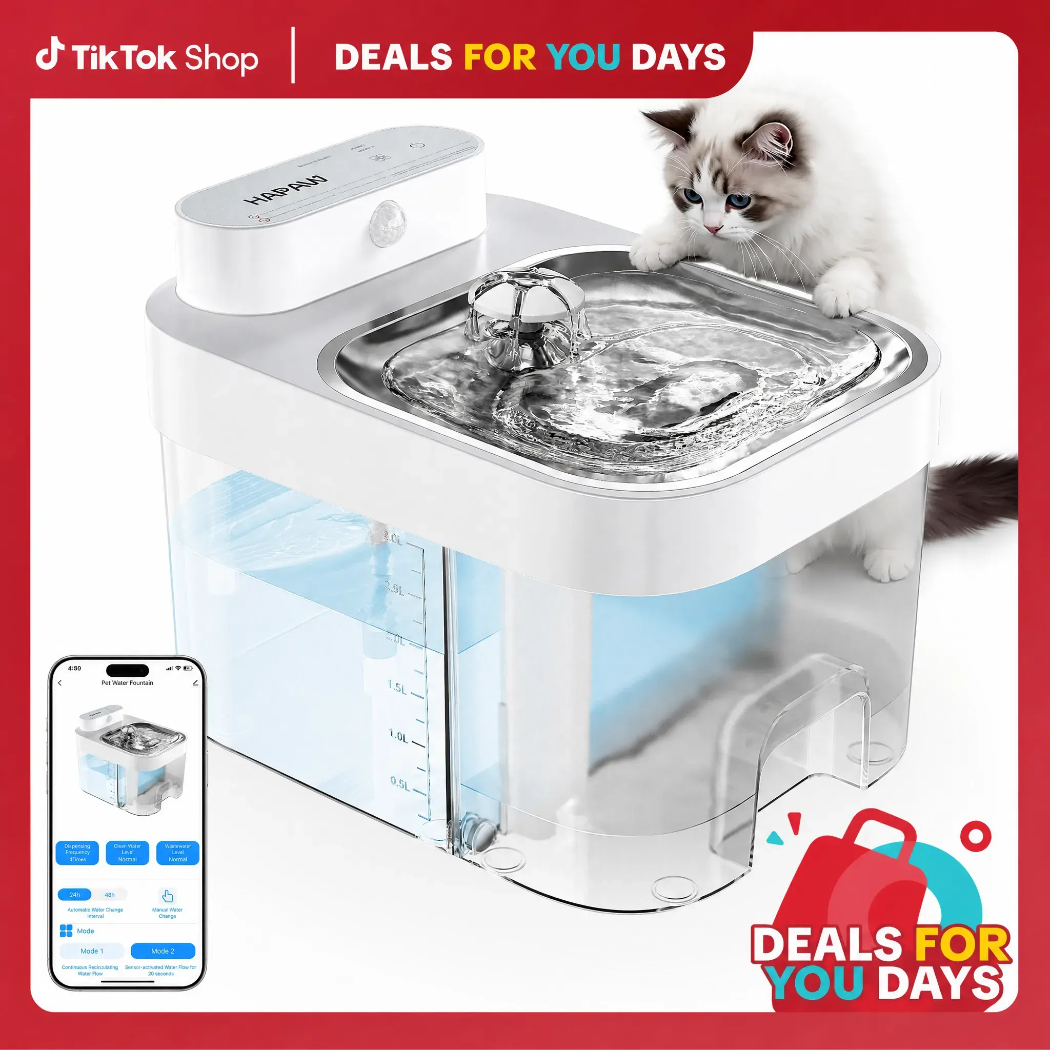 Cat Water Fountain 2.4G WiFi App Control, 5000mAh Battery, Separate Clean & Waste Water, Automatic Pet Water Dispenser - 图片 9